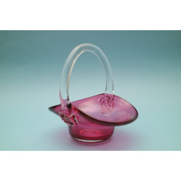 Vintage Art Cranberry Glass Basket, Ruby Red and Clear Handle with Clear Handle - Picture 3 of 7